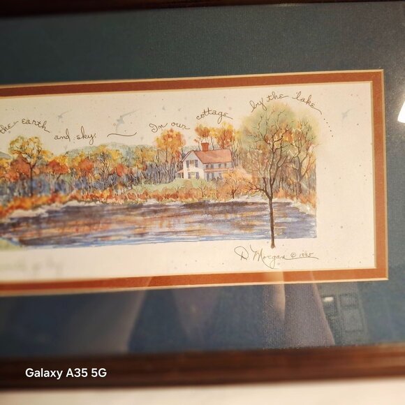 Framed D. Morgan Print "Cottage By The Lake" 1995 Art Cabin Cozy Fall Leaves - Picture 3 of 6